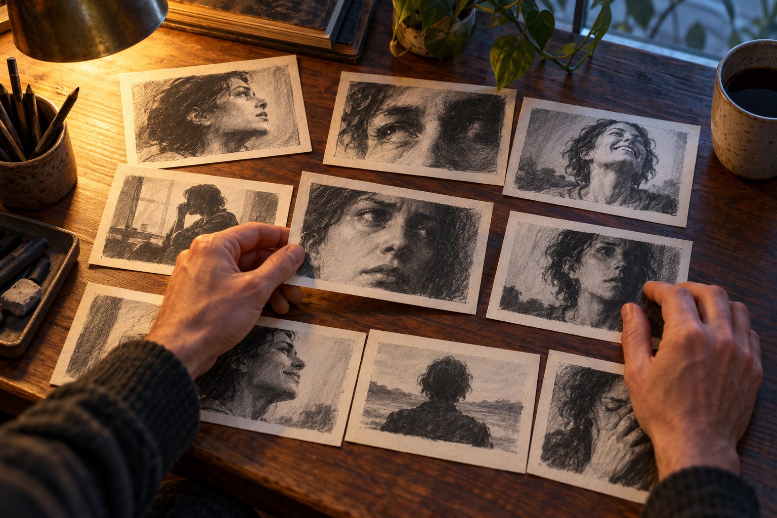 Conceptual illustration of hands arranging charcoal character studies on a wooden desk under warm lamplight.