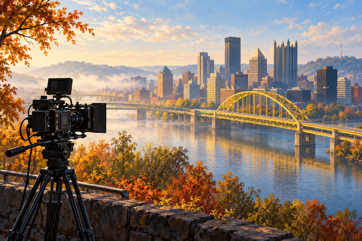 Editorial illustration of a cinema camera overlooking a Pittsburgh riverfront, yellow bridge, and skyline in autumn light.