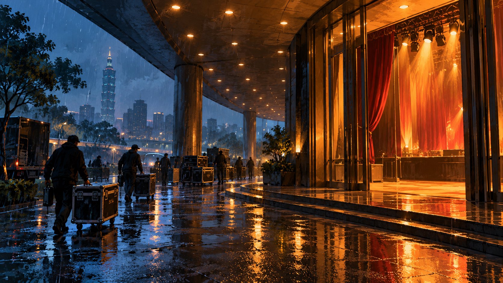 雨夜劇場外,工作人員推運器材箱,室內舞臺透出暖光的概念插圖