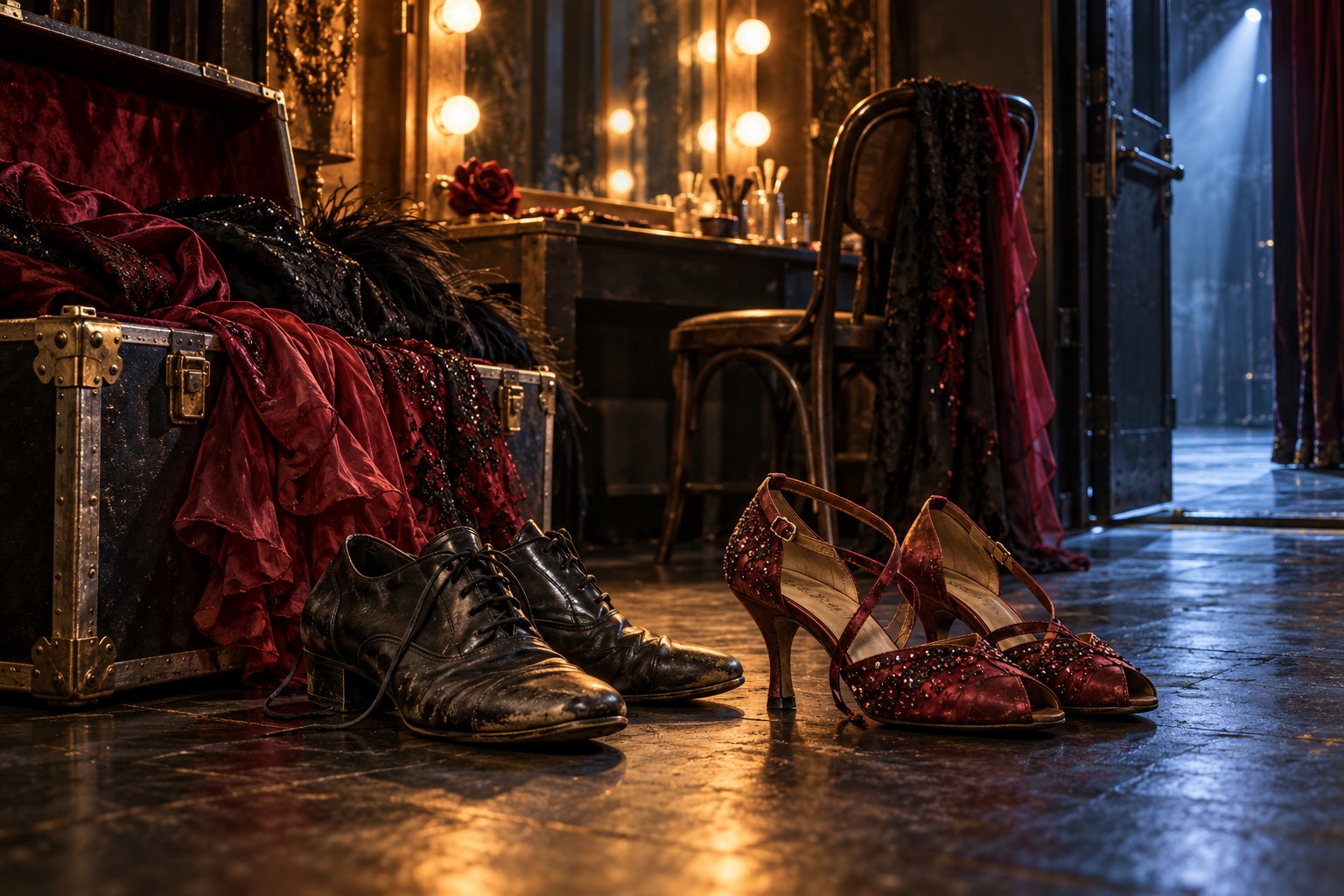 Conceptual backstage illustration of worn ballroom shoes beside a costume trunk, burgundy fabric, and a lighted vanity.