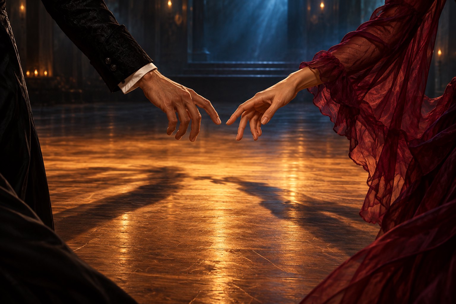 An illustration of two dancers’ hands reaching toward each other above an amber-lit wooden floor.