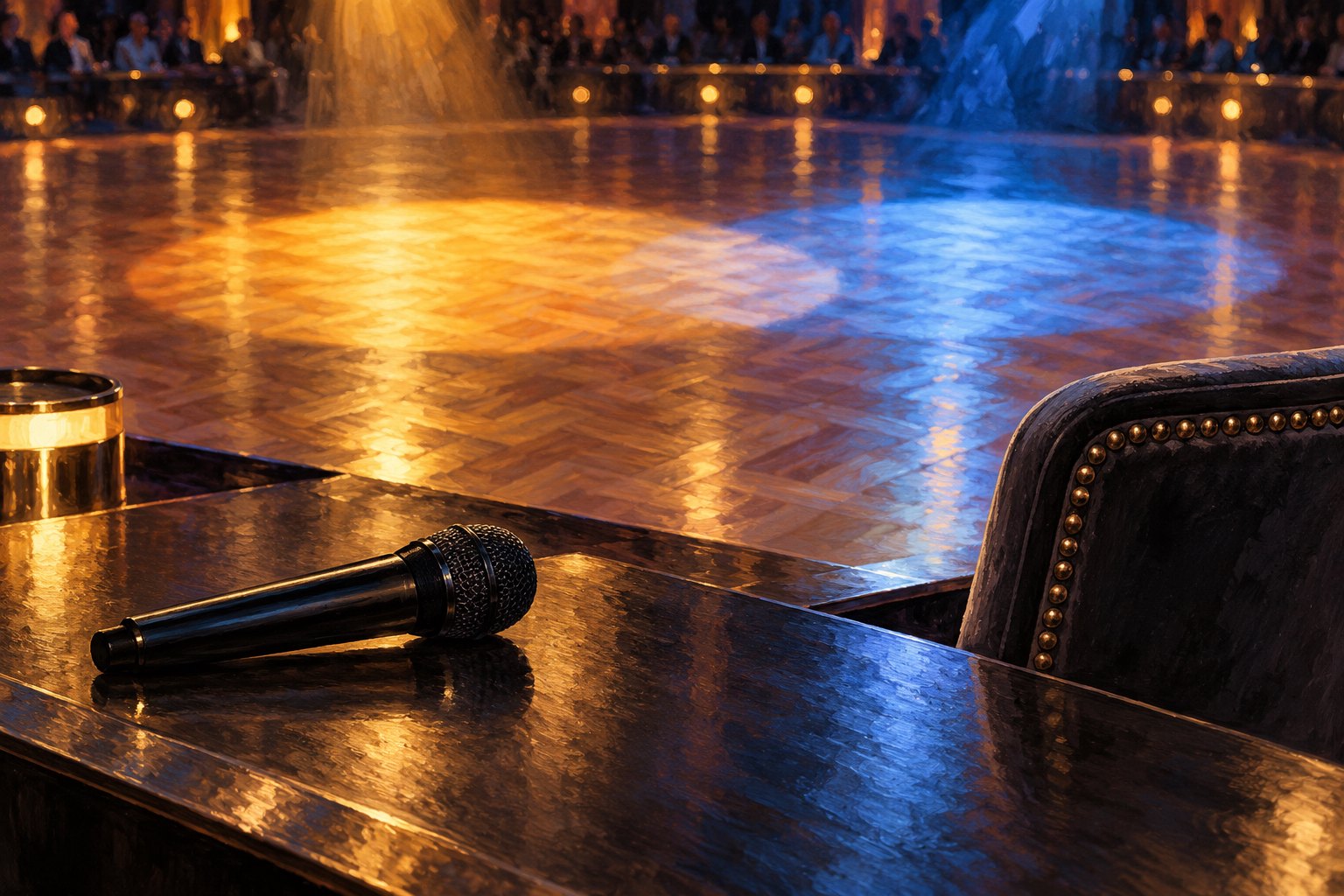 Illustration of a microphone and empty judge’s chair beside a ballroom floor illuminated by amber and blue light.