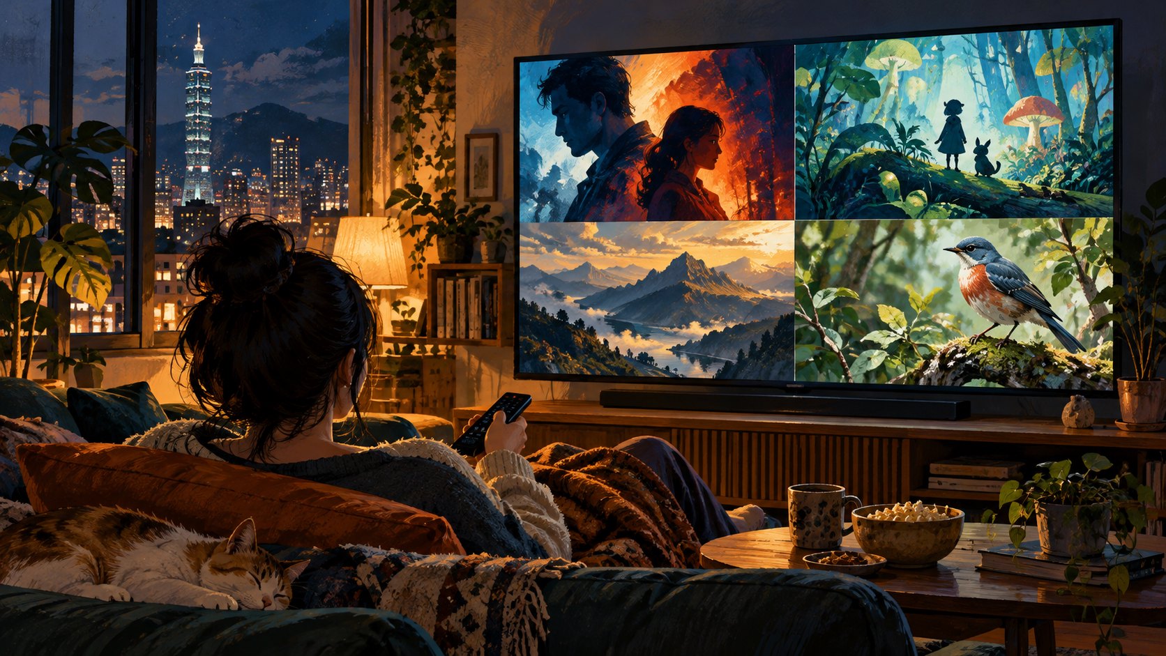 觀眾坐在夜晚的客廳挑選影視作品,電視呈現戲劇、動畫與自然題材的概念畫面