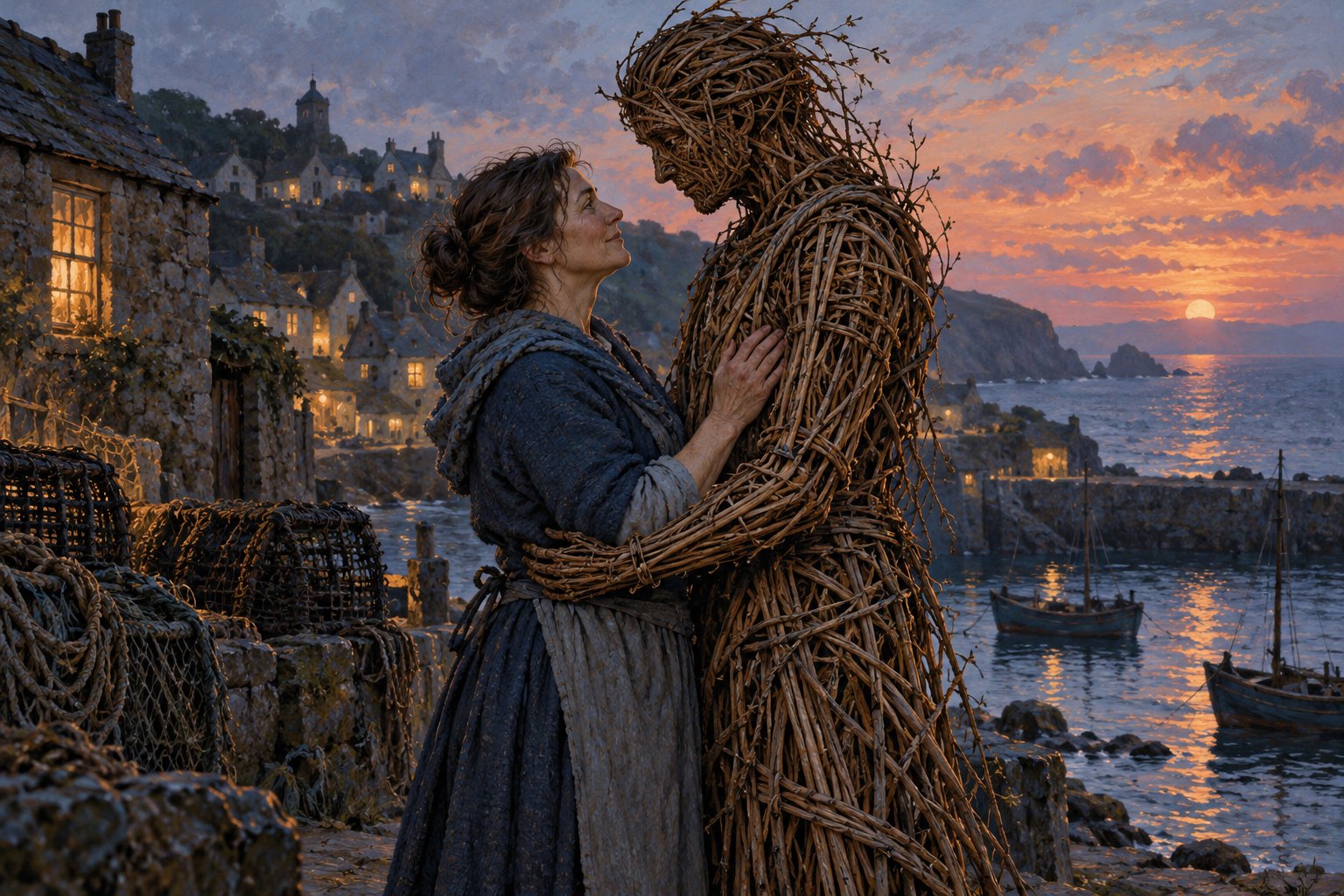 Conceptual illustration of a fisherwoman embracing a tall wicker companion above a seaside village at sunset.