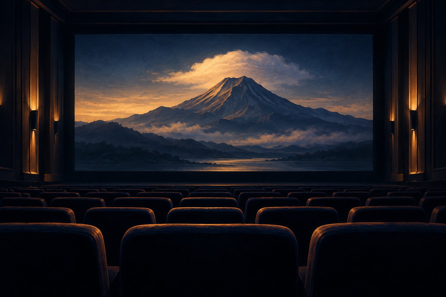 Conceptual illustration of an empty cinema with an imagined volcanic mountain on its screen.