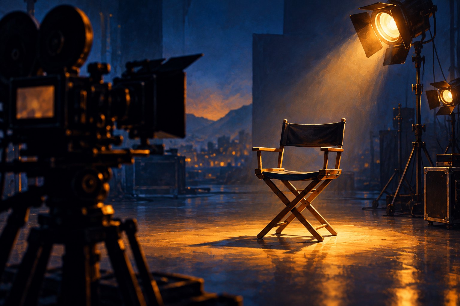 Conceptual illustration of an empty actor’s chair under warm studio lighting, with a movie camera silhouetted in the foreground.