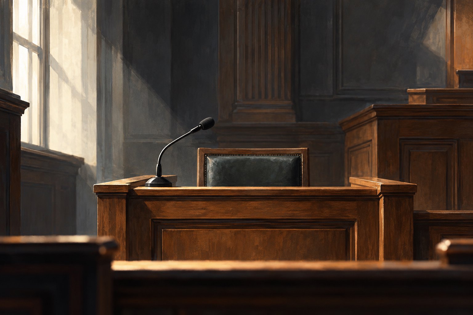Conceptual illustration of an empty wooden witness stand and microphone in a softly lit courtroom.