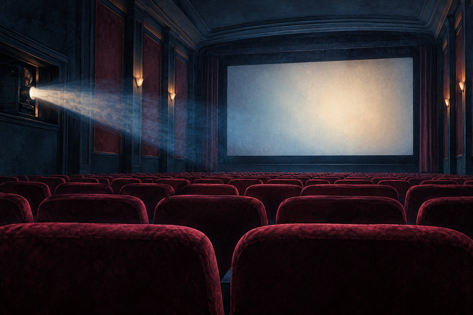 Painterly illustration of an empty cinema with burgundy seats and a projector beam illuminating a blank screen.