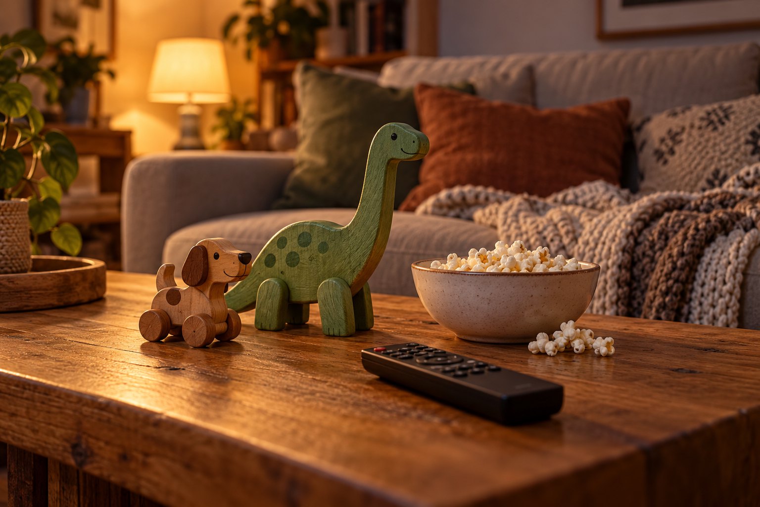 Wooden puppy and dinosaur toys beside popcorn and a remote control on a warmly lit living room coffee table.