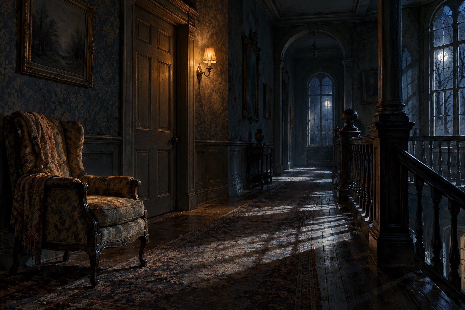 Moonlight crosses an empty Victorian hallway with a closed bedroom door and a solitary armchair.