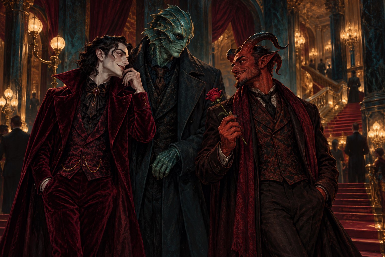 Painterly gothic cinema scene featuring an elegant vampire, an amphibious humanoid, and a horned red creature holding a rose.