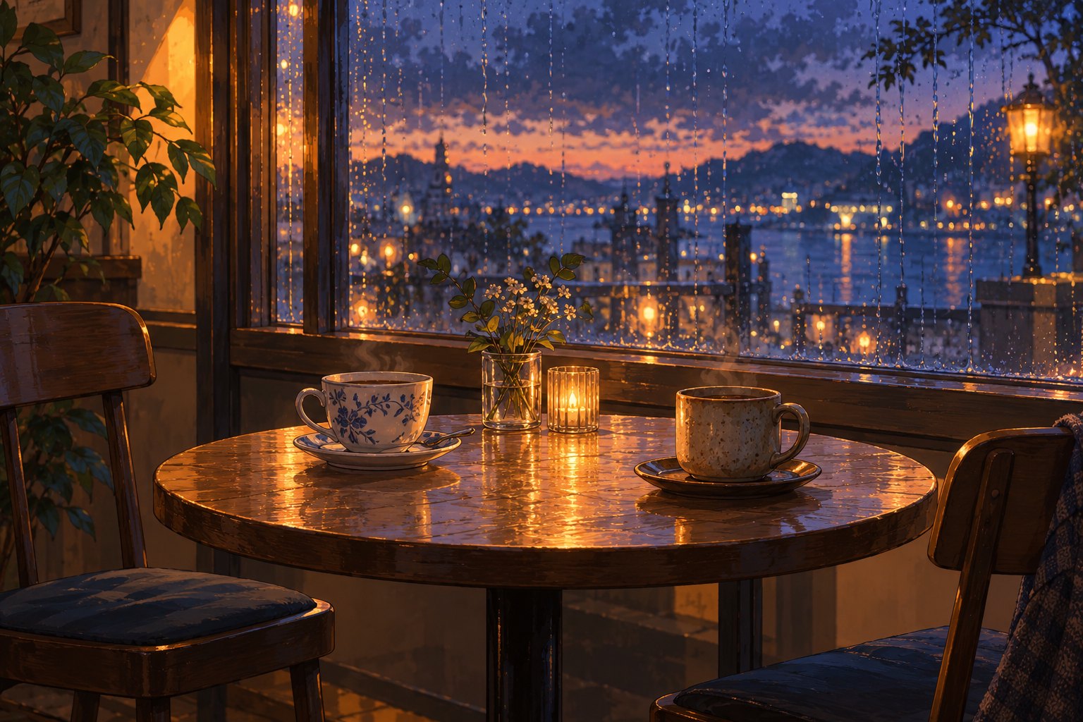 Conceptual illustration of two ceramic cups on a wooden cafe table beside a rain-streaked window at twilight.