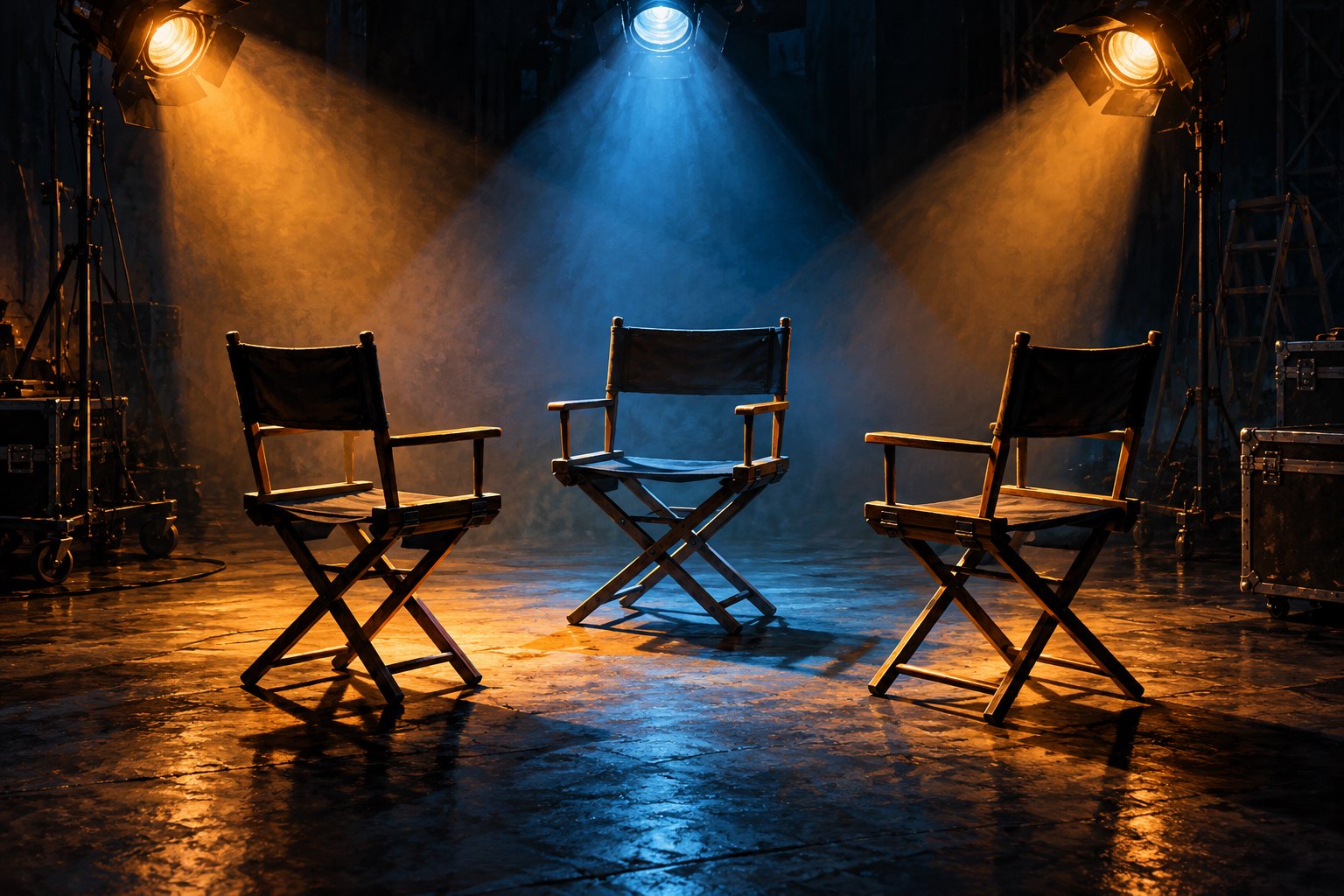 An editorial illustration of three empty director chairs beneath amber and blue spotlights on a dark soundstage.