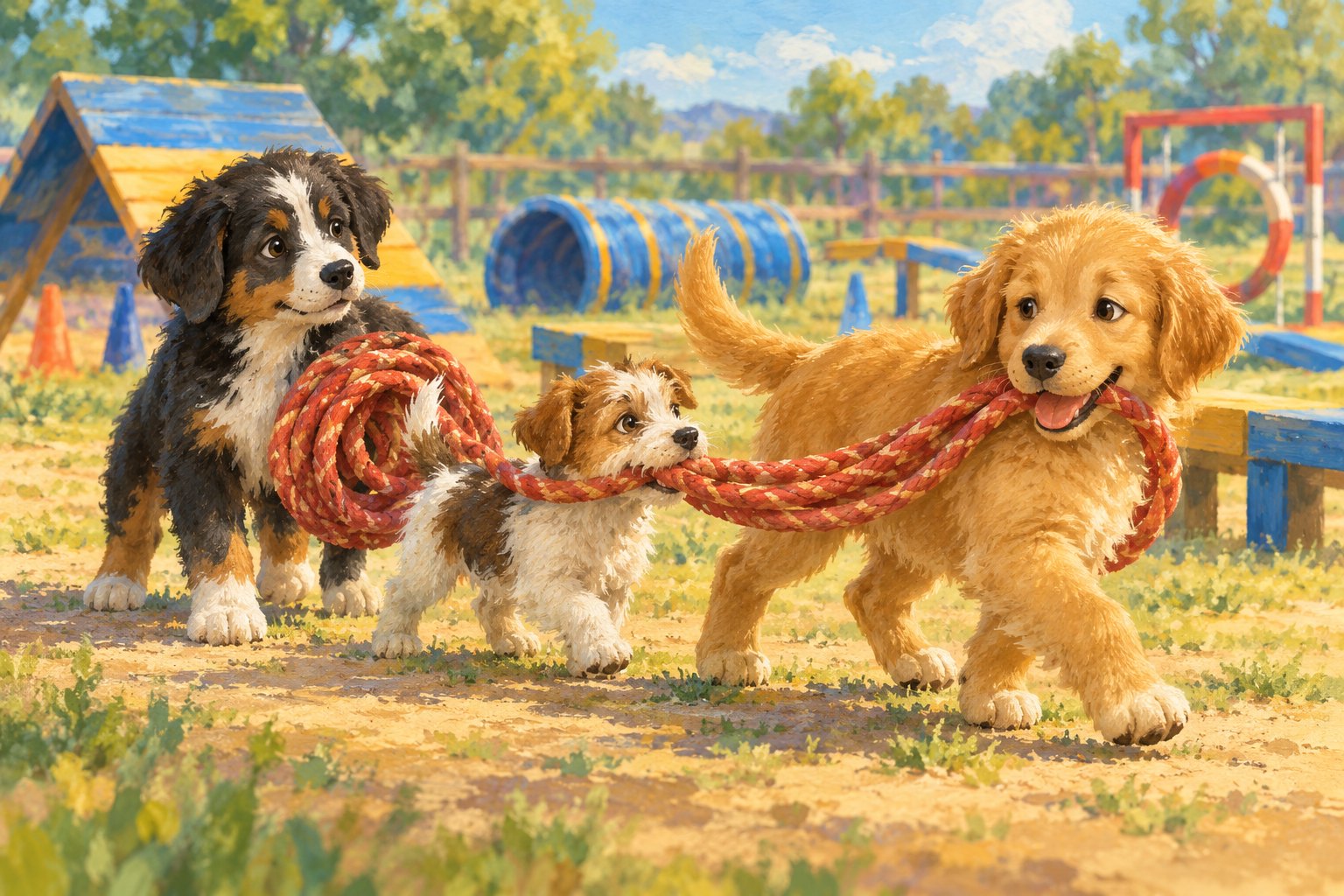 Conceptual illustration of three puppies sharing the work of carrying a rescue rope through a sunny training yard.