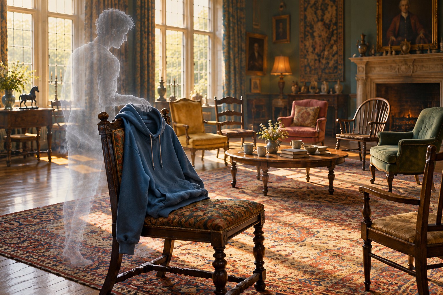 Conceptual illustration of a blue hoodie on an antique chair beside a translucent figure in a warmly lit manor drawing room.