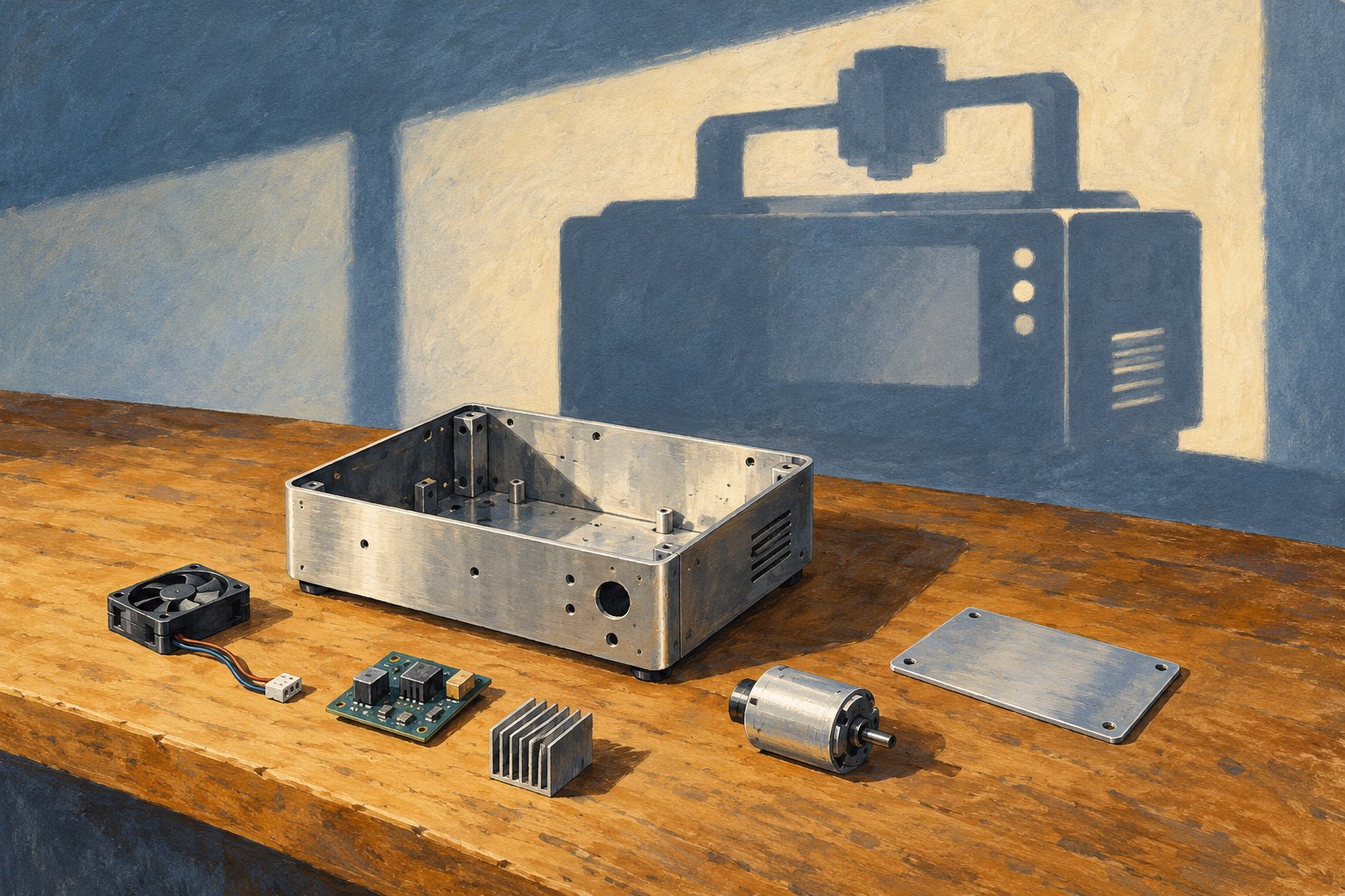 Conceptual illustration of an empty instrument housing and disconnected components casting the shadow of a complete machine.
