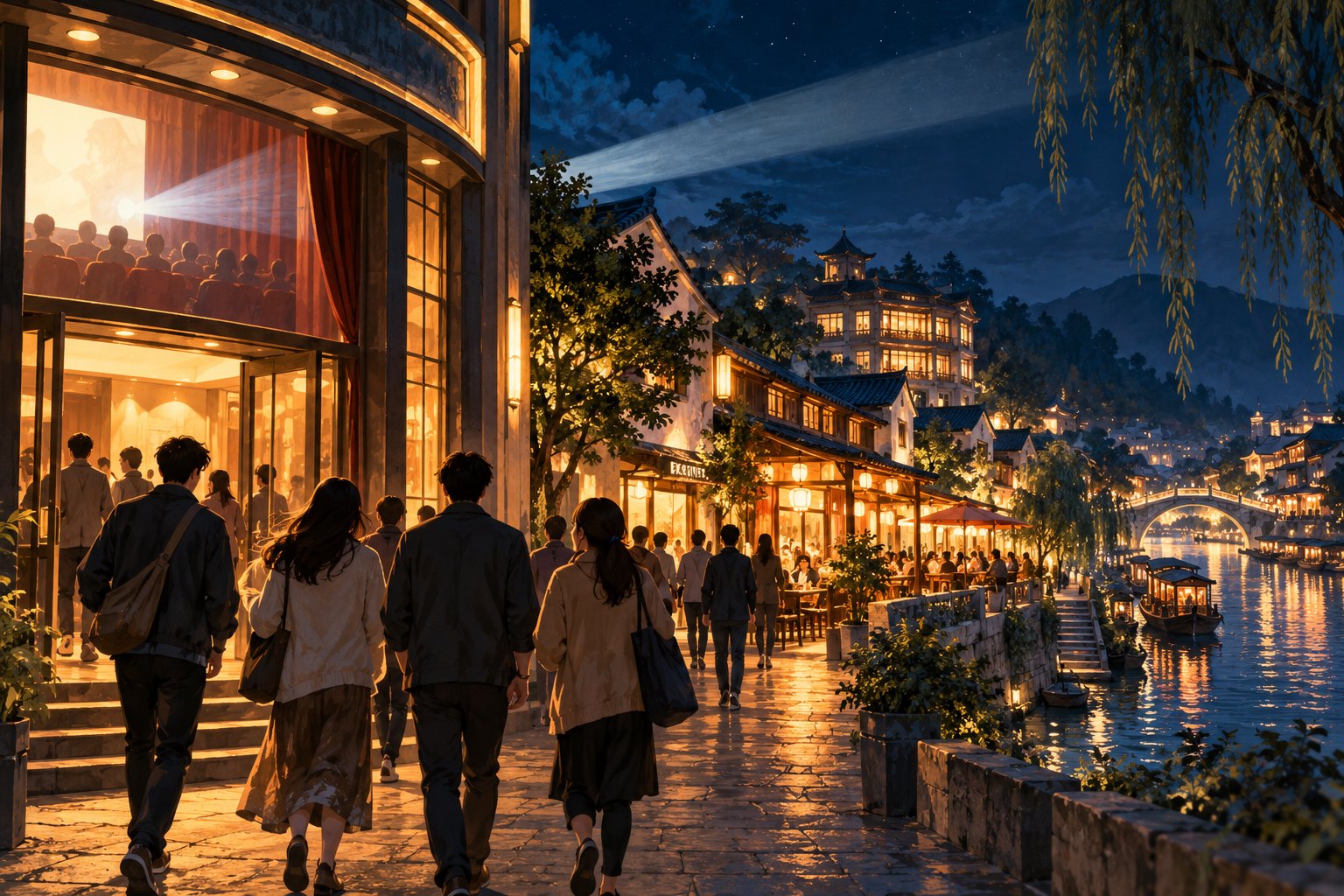 概念插画:电影院散场后,观众沿夜色中的步行街走向餐馆与住宿街区