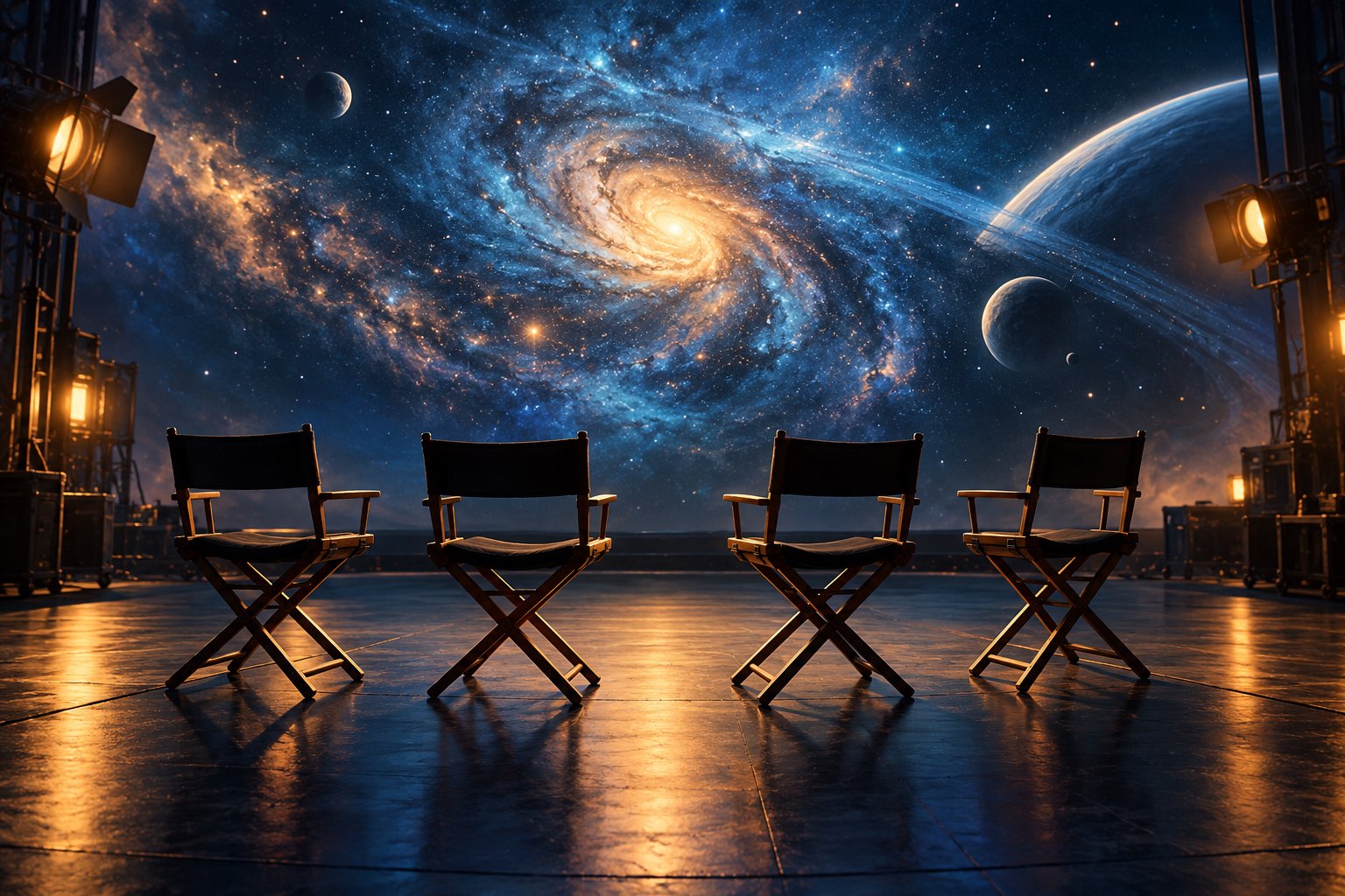 Conceptual illustration of four empty director chairs facing a luminous star field on a dark soundstage.