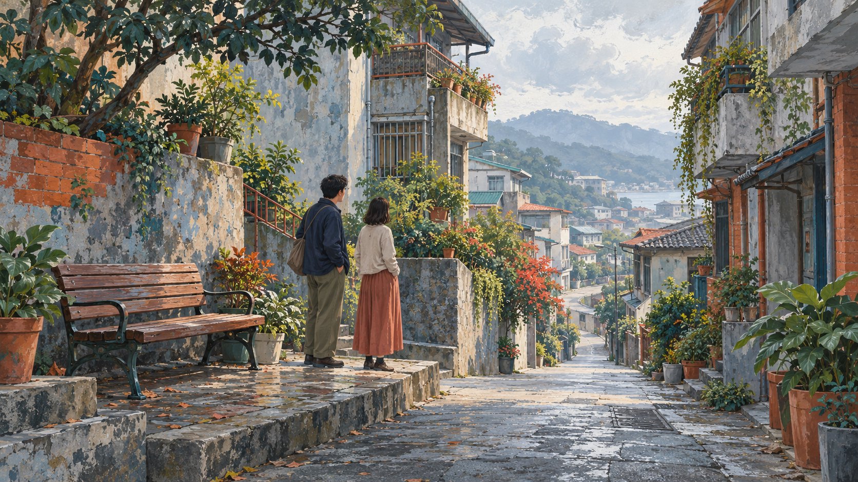 兩名旅人在住宅巷道旁觀察長椅、轉角與街景縱深的概念插畫,非活動指定景點