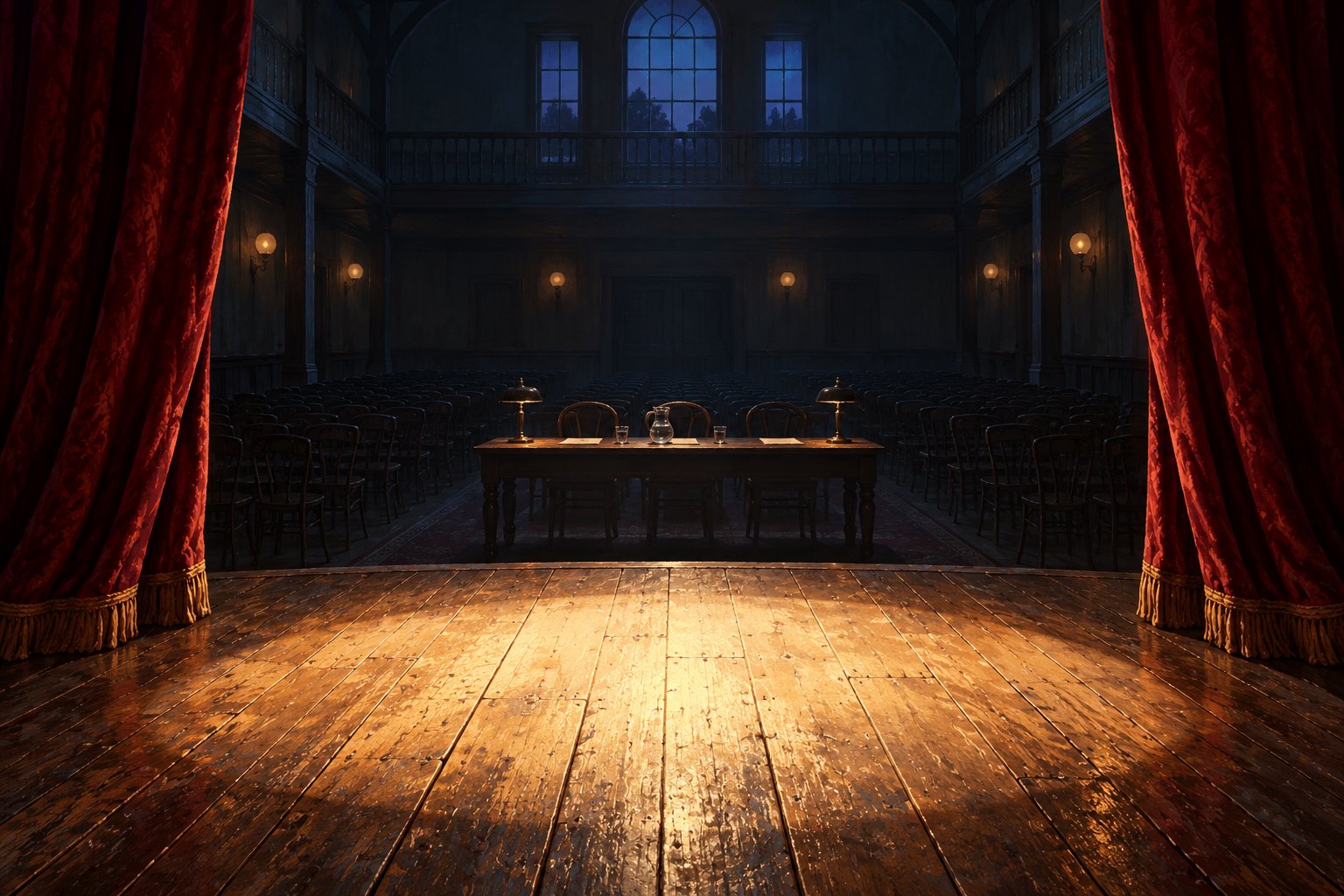 Original illustration of an empty audition stage with red curtains, illuminated floorboards, and three chairs behind a judging table.