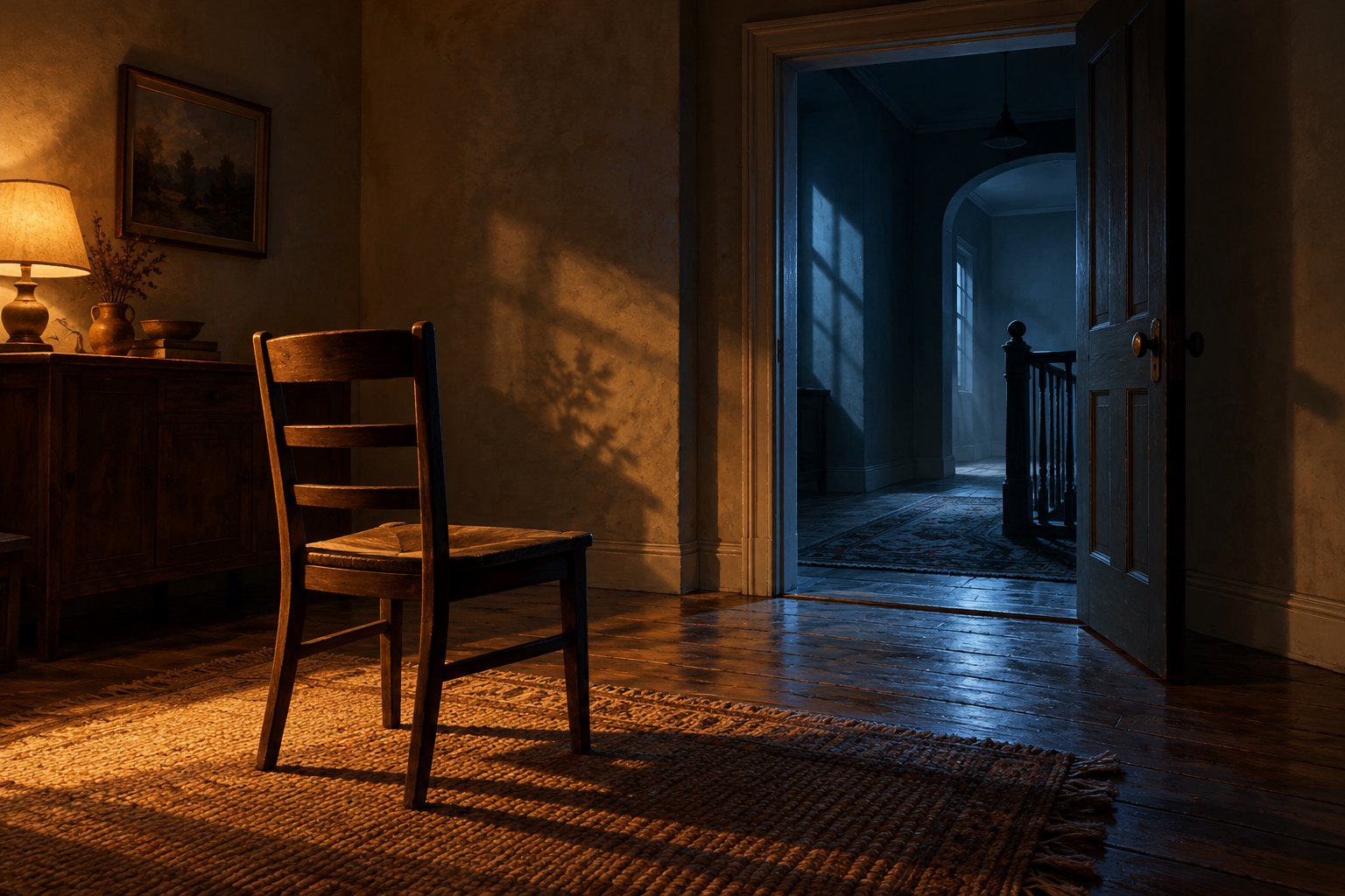 Conceptual illustration of an empty wooden chair in a warmly lit room beside a doorway opening into a blue-shadowed hallway.