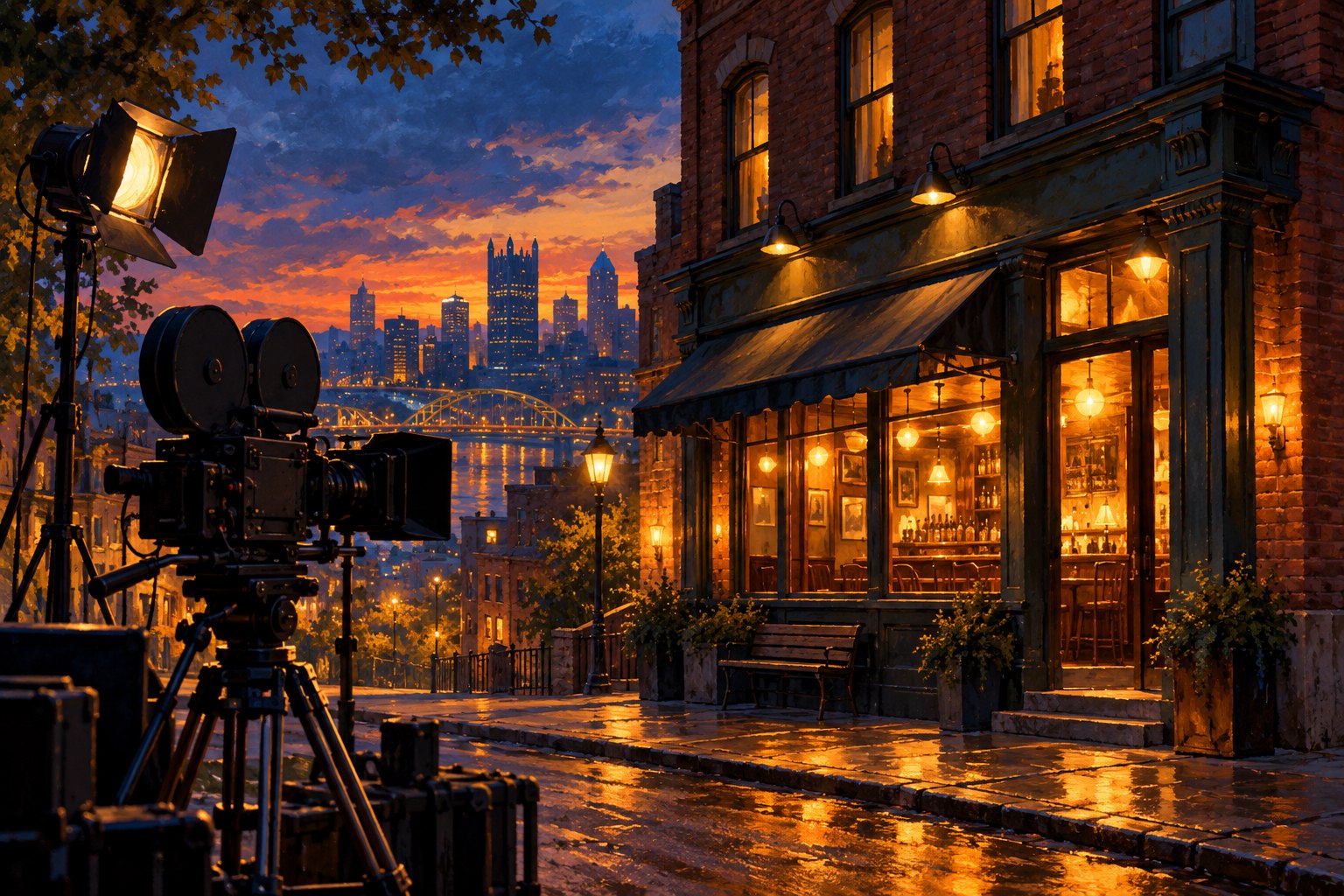 Conceptual illustration of a film camera outside a warmly lit brick tavern at dusk.