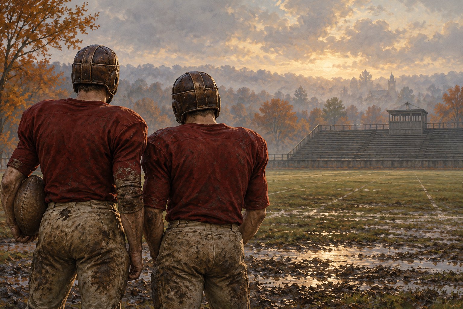 Editorial illustration of two football players in vintage red uniforms overlooking a misty college field.