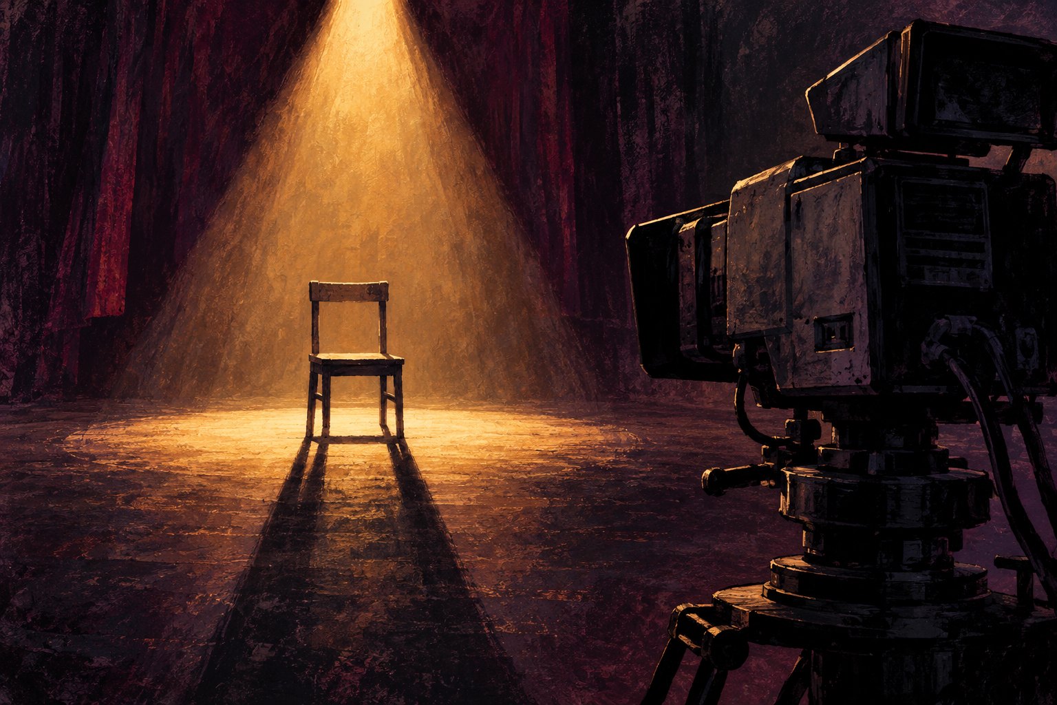 Conceptual illustration of a broadcast camera aimed at an empty wooden chair beneath a theatrical spotlight.