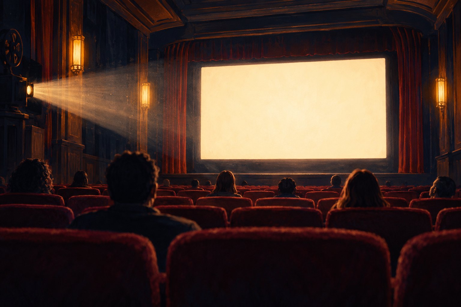 An illustrated cinema audience faces a glowing blank screen beneath a soft projector beam.