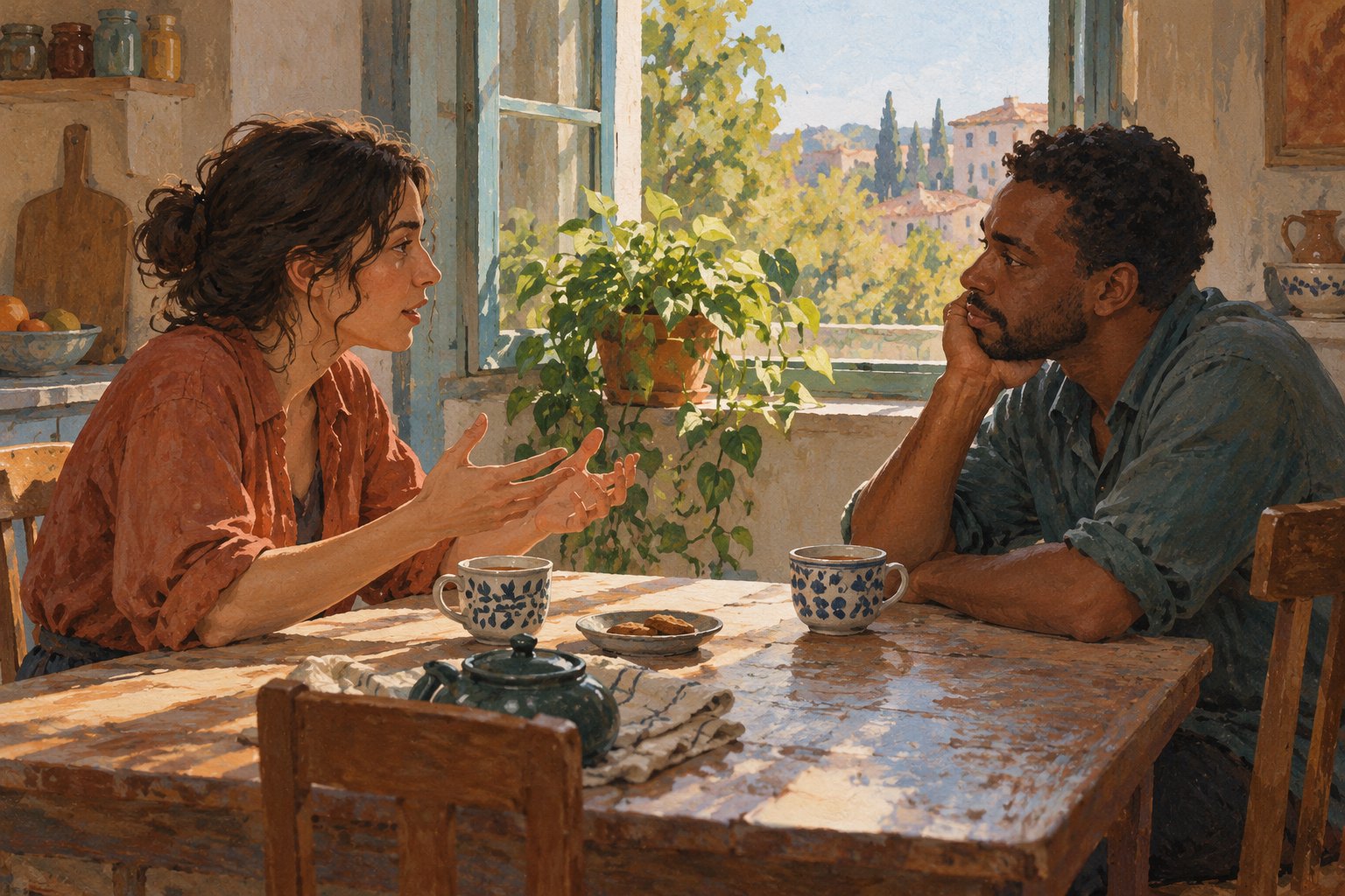 Conceptual illustration of two adults sharing a conversation over tea beside an open kitchen window.