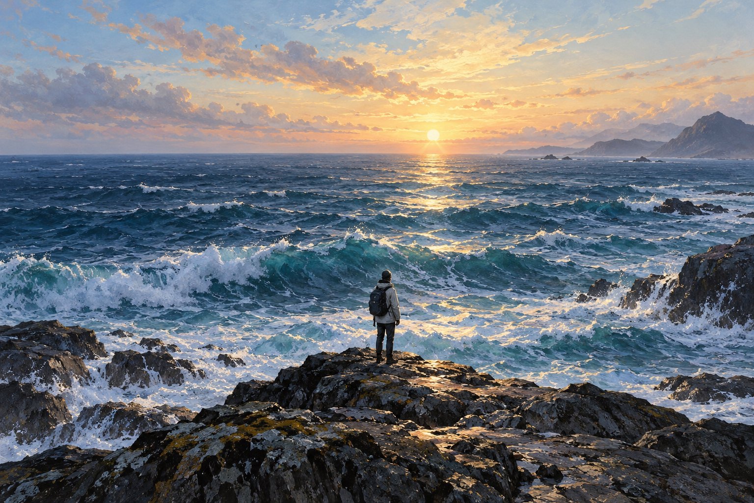 海洋科学主题插画:研究者背对观众站在海岸岩石上,望向晨光中的层层海浪