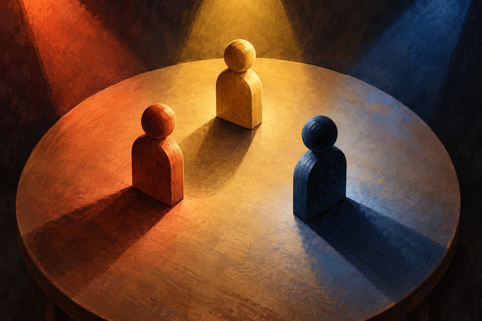 A symbolic editorial illustration of three wooden figures casting long shadows across a round table under orange, gold and blue light.