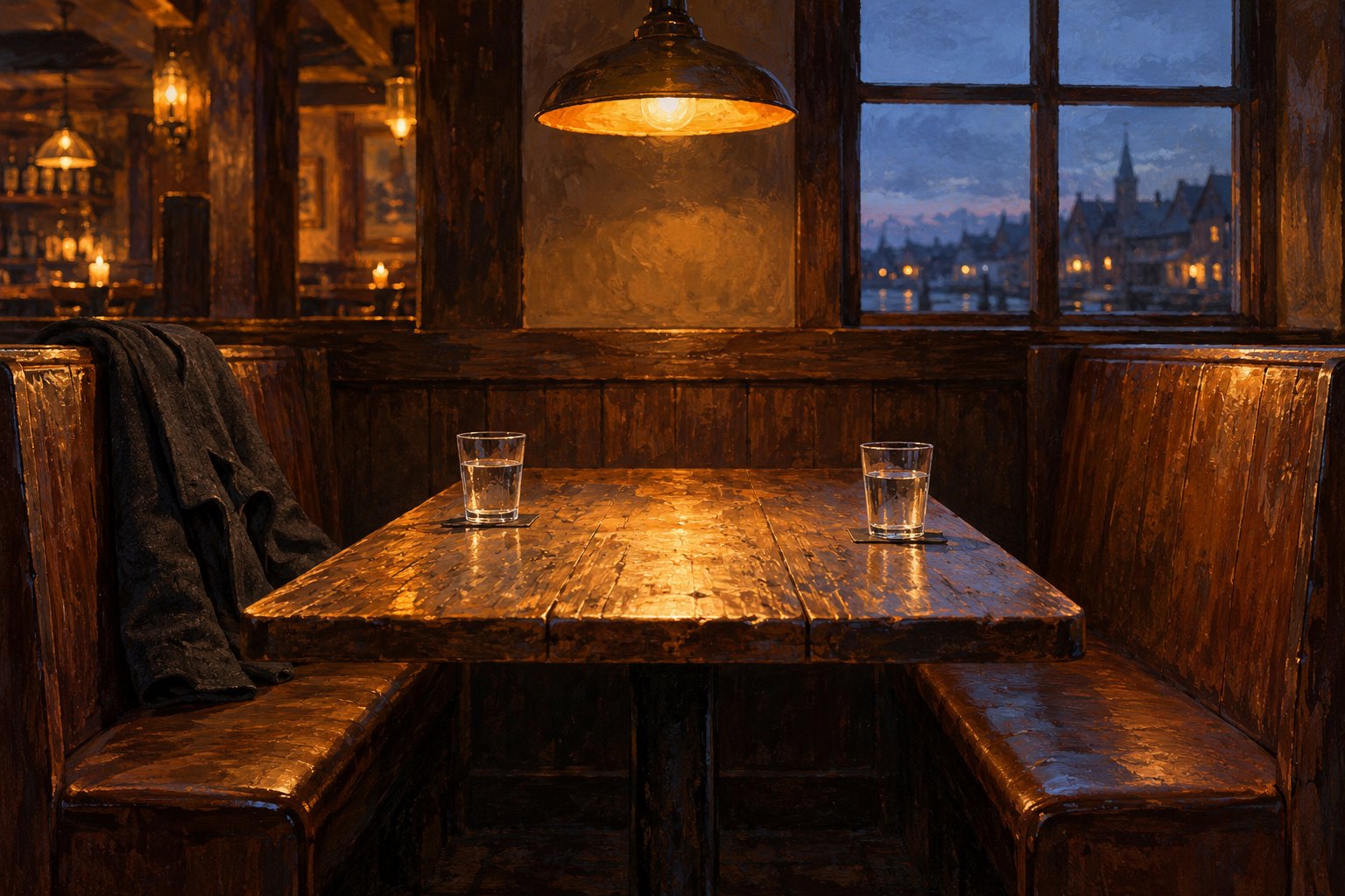 Conceptual illustration of an empty wooden tavern booth with two water glasses and a coat draped over one seat.