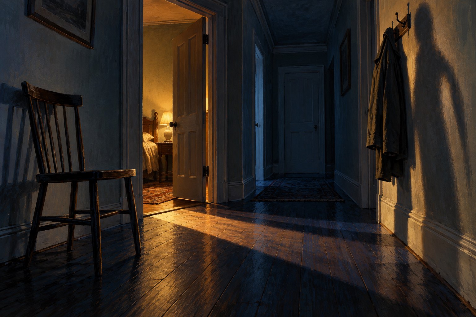 Painterly illustration of an empty hallway with a wooden chair, a hanging coat, and warm light spilling through a bedroom doorway.