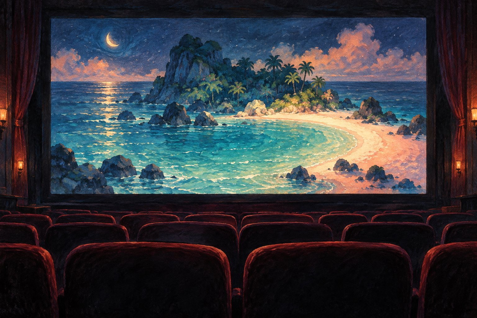 Conceptual illustration of a tropical island glowing on a movie screen above rows of empty theater seats.
