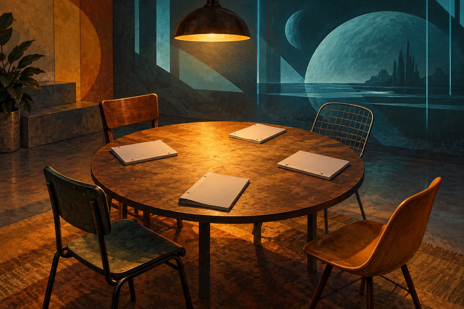 Conceptual illustration of four chairs and blank script booklets around a warmly lit rehearsal table against a blue science-fiction backdrop.