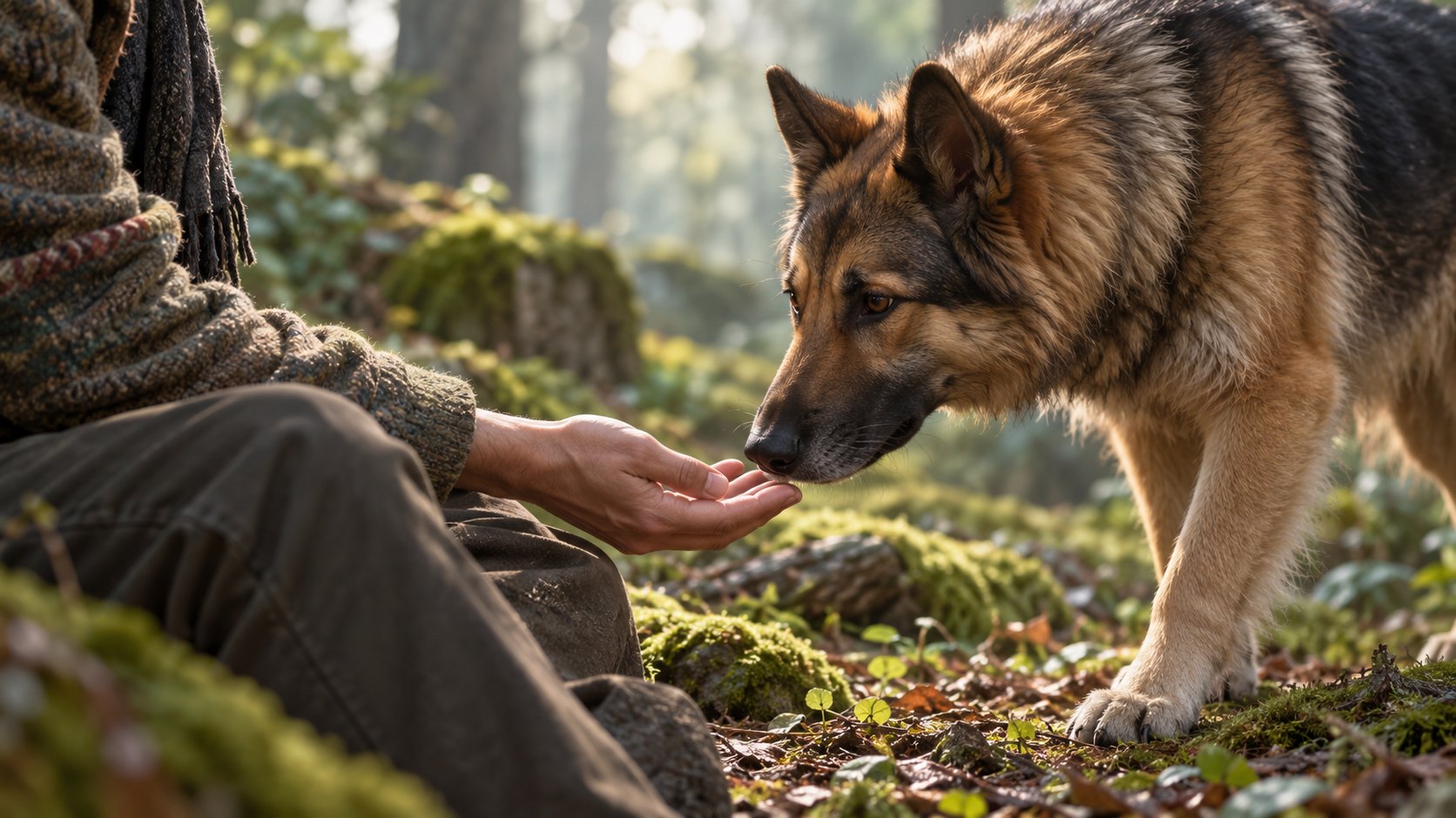 林間牧羊犬主動靠近男子攤開的手掌,呈現尊重與信任的概念插畫,非電影劇照