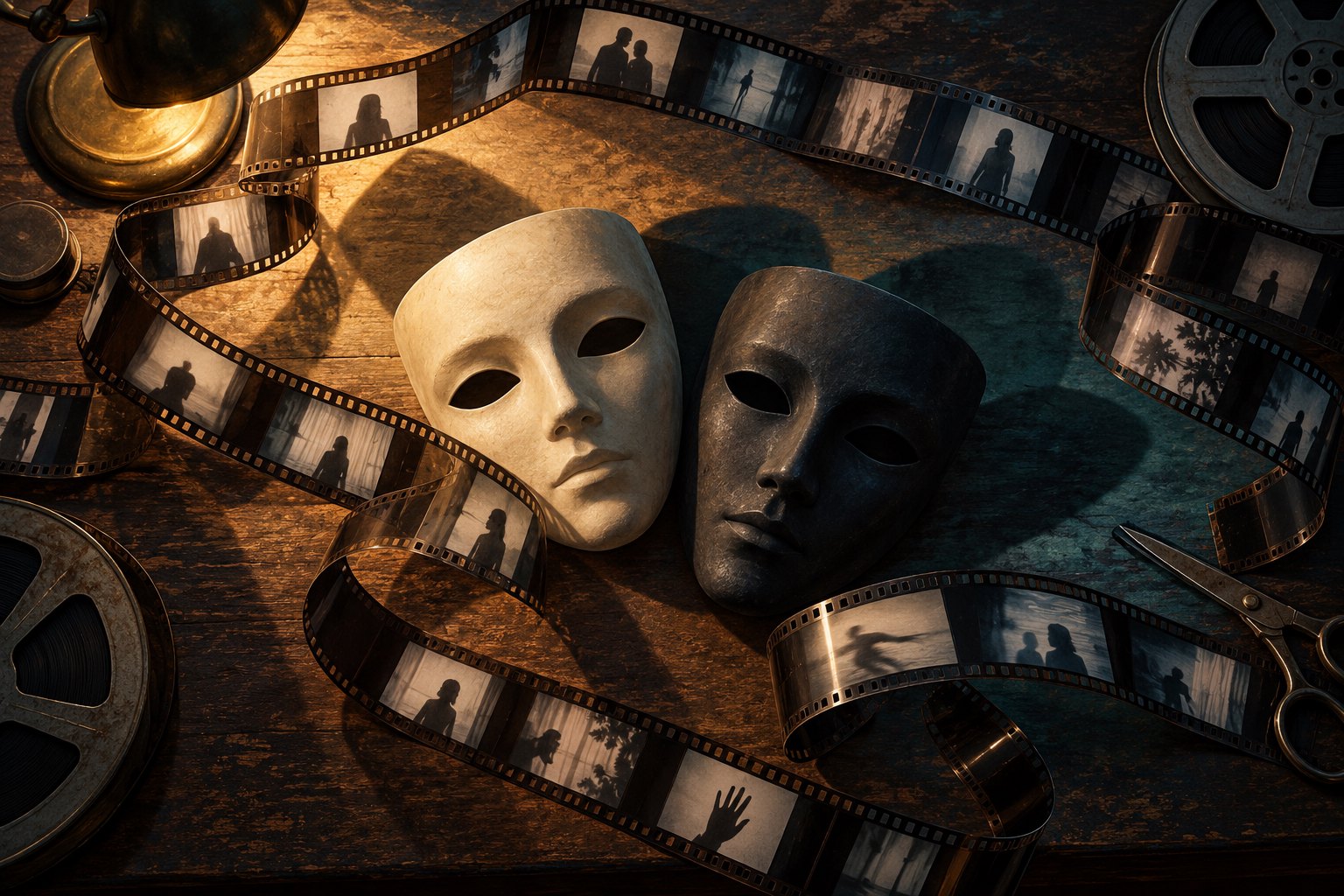 Conceptual illustration of ivory and charcoal theatrical masks surrounded by film strips on a warmly lit editing table.