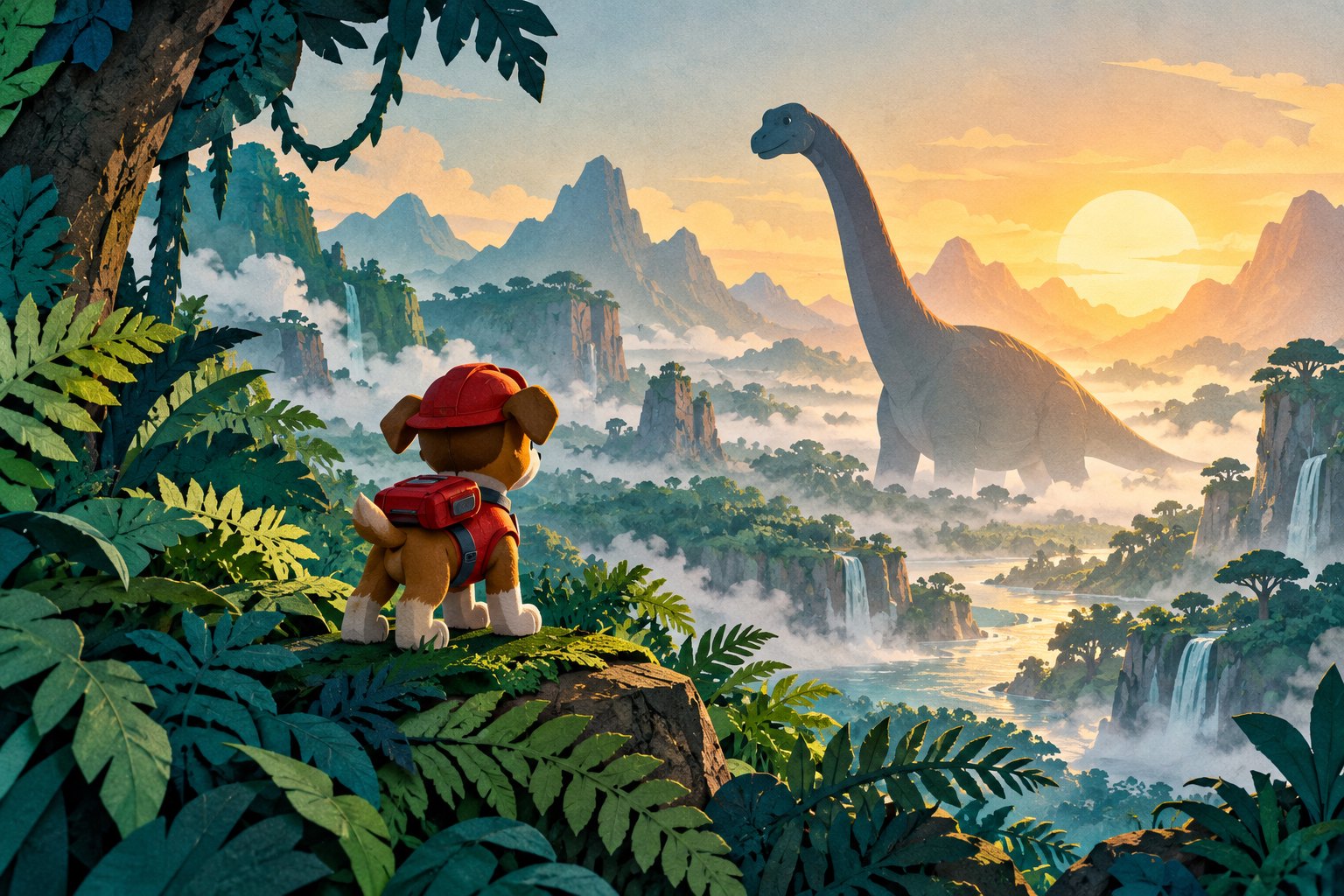 Original illustration of a small rescue puppy overlooking a misty prehistoric valley with a towering long-necked dinosaur.