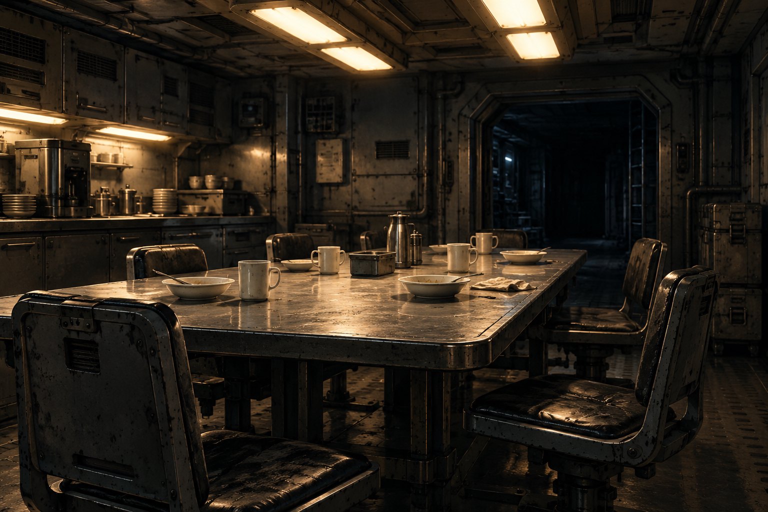 Abandoned mugs and bowls sit on a spacecraft dining table beside empty chairs and a dark doorway.