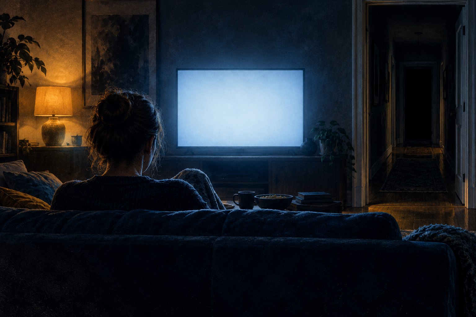Painterly illustration of a lone viewer facing a glowing television beside a dark hallway.