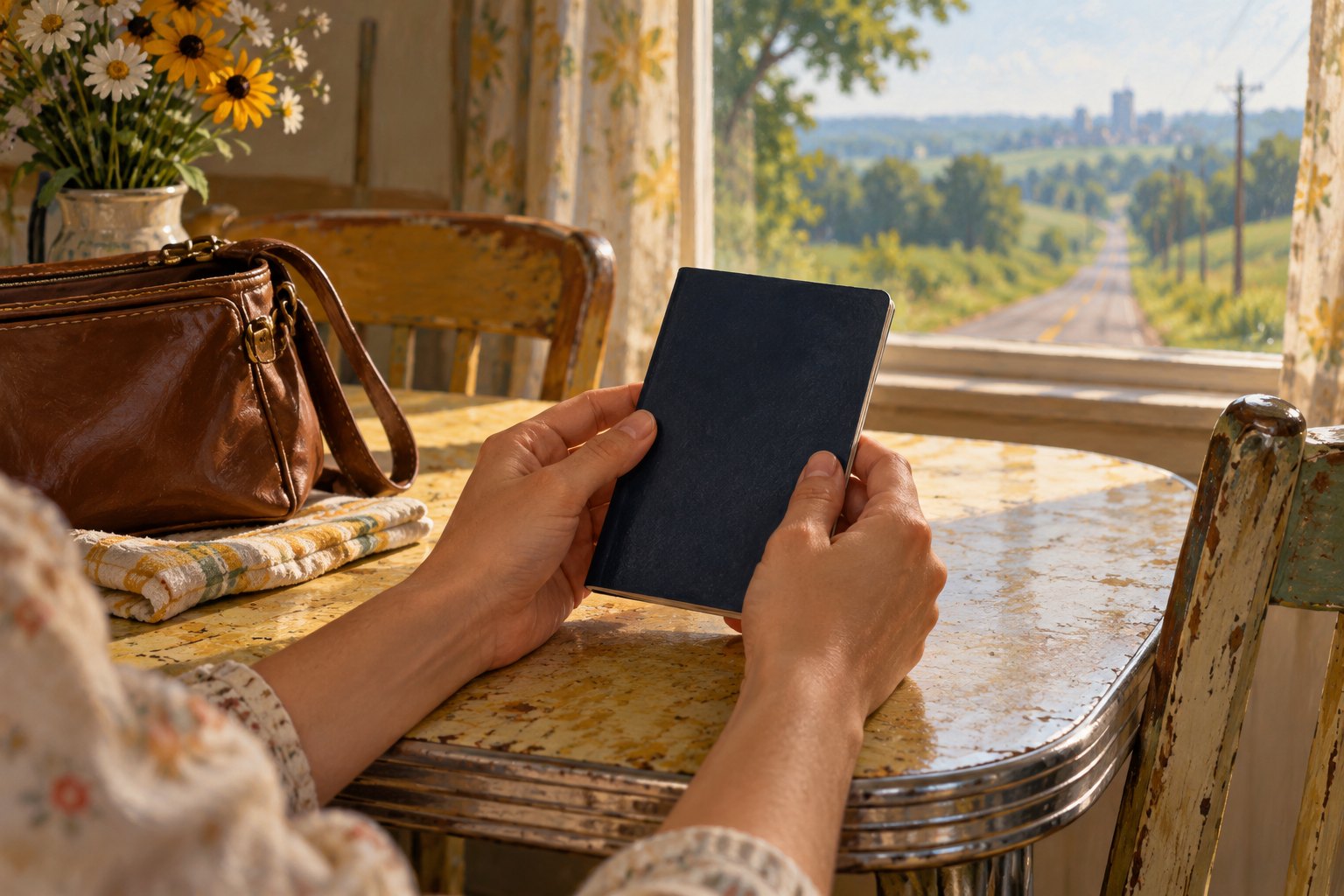 Illustration of a woman holding a plain blue travel booklet beside a handbag, with a country road visible through the kitchen window.