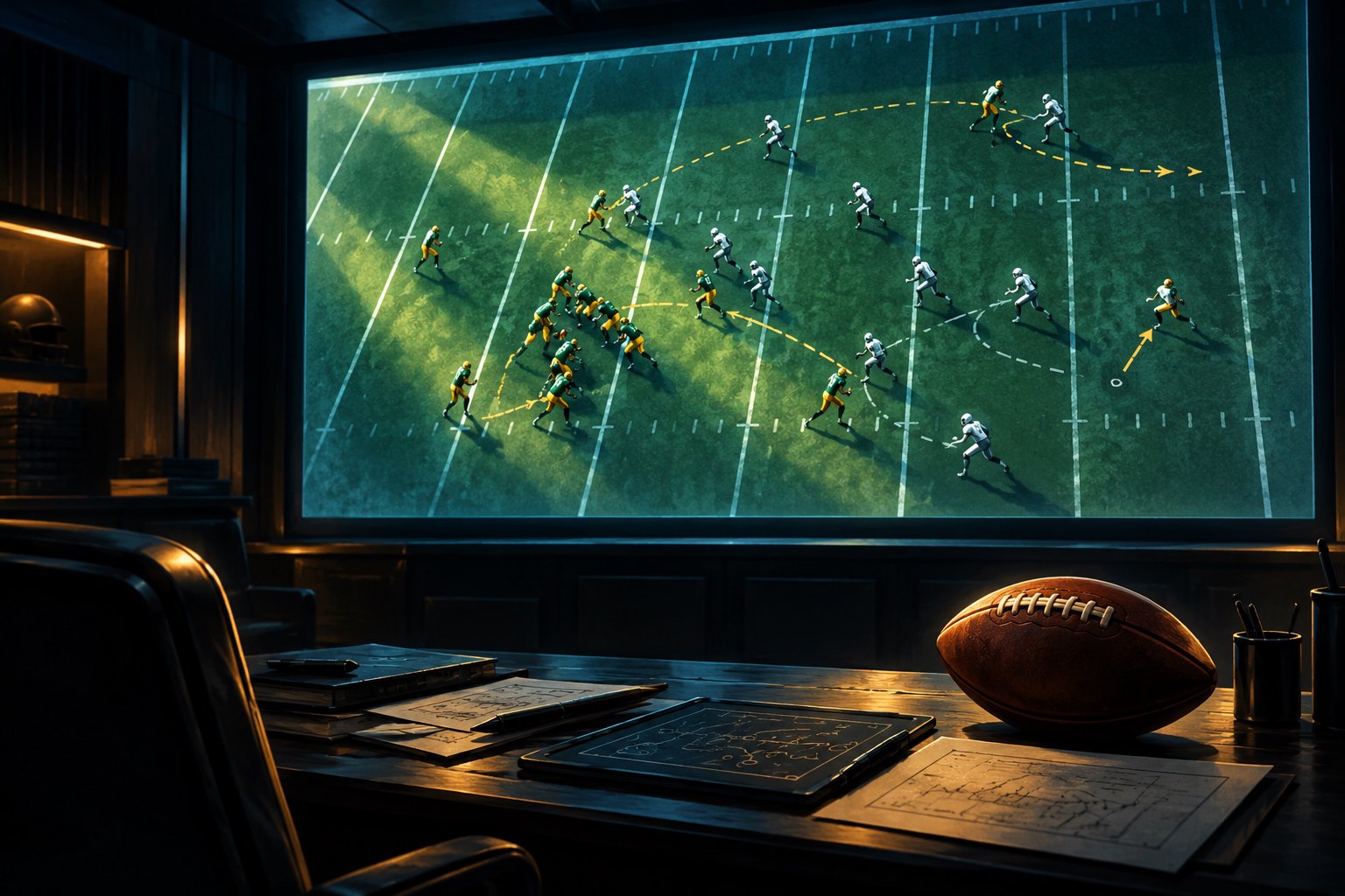 Conceptual illustration of a dark football film room with a glowing play-analysis screen and a football on the desk.