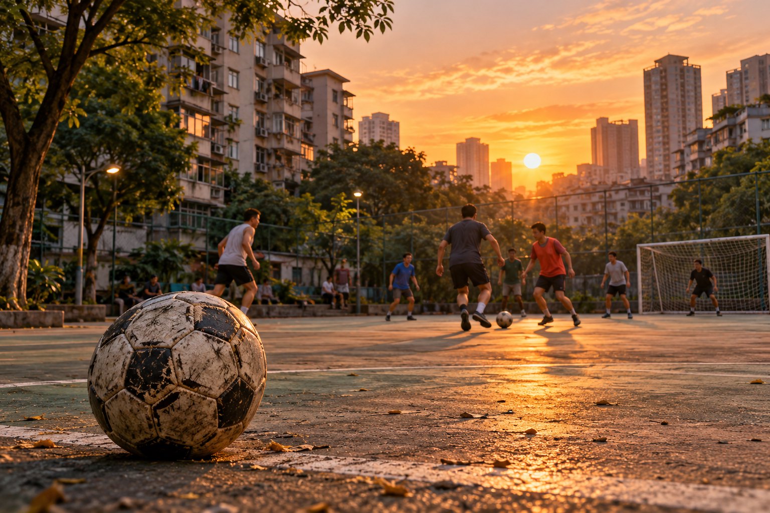 草根足球主题概念插画:夕阳下的社区球场上,业余球员踢球,前景是一只磨损的足球