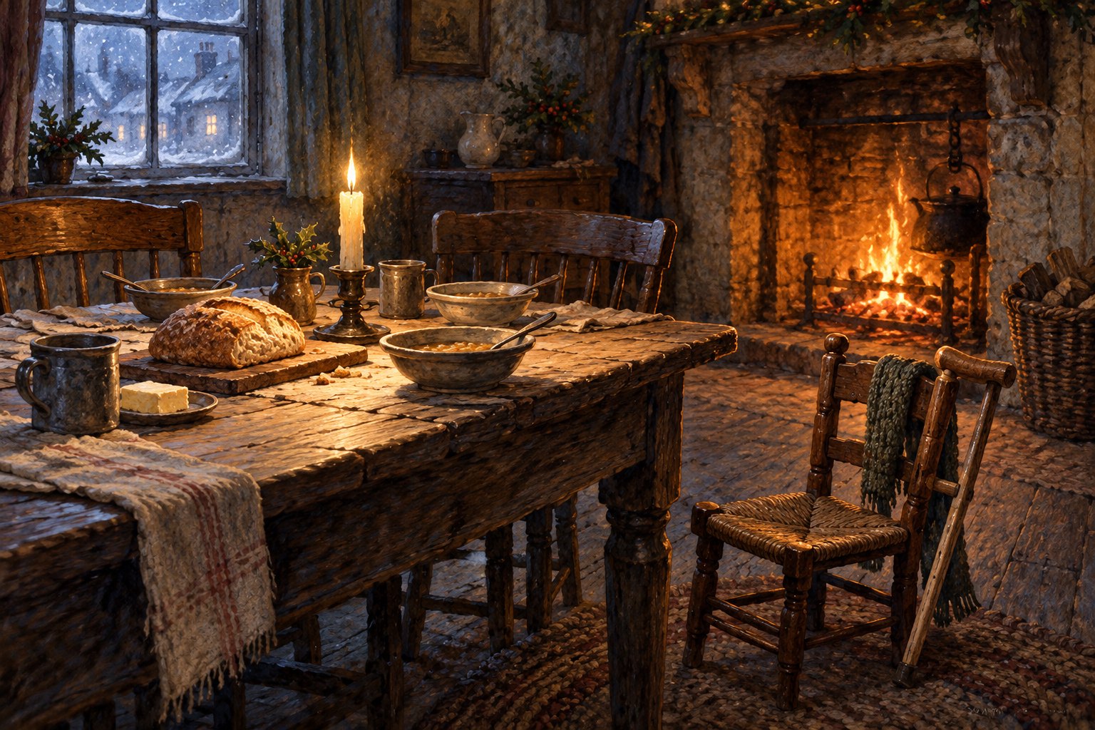 Symbolic illustration of a humble Victorian dining table beside an empty child's chair and a small wooden crutch.