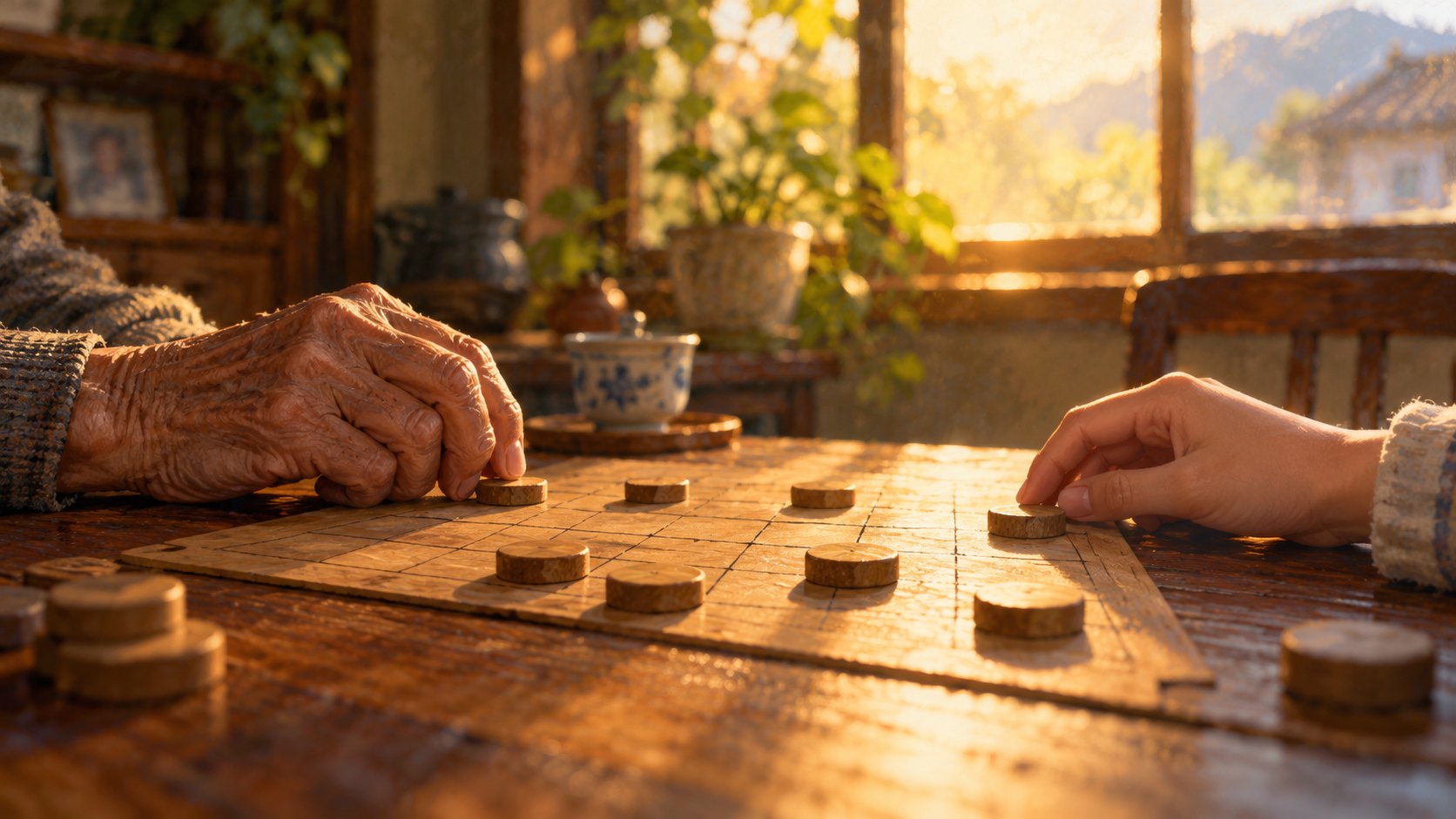 長者與年輕人的手隔著木桌上的棋盤與無字棋子相對,呈現代間交流的概念插畫,非電影劇照