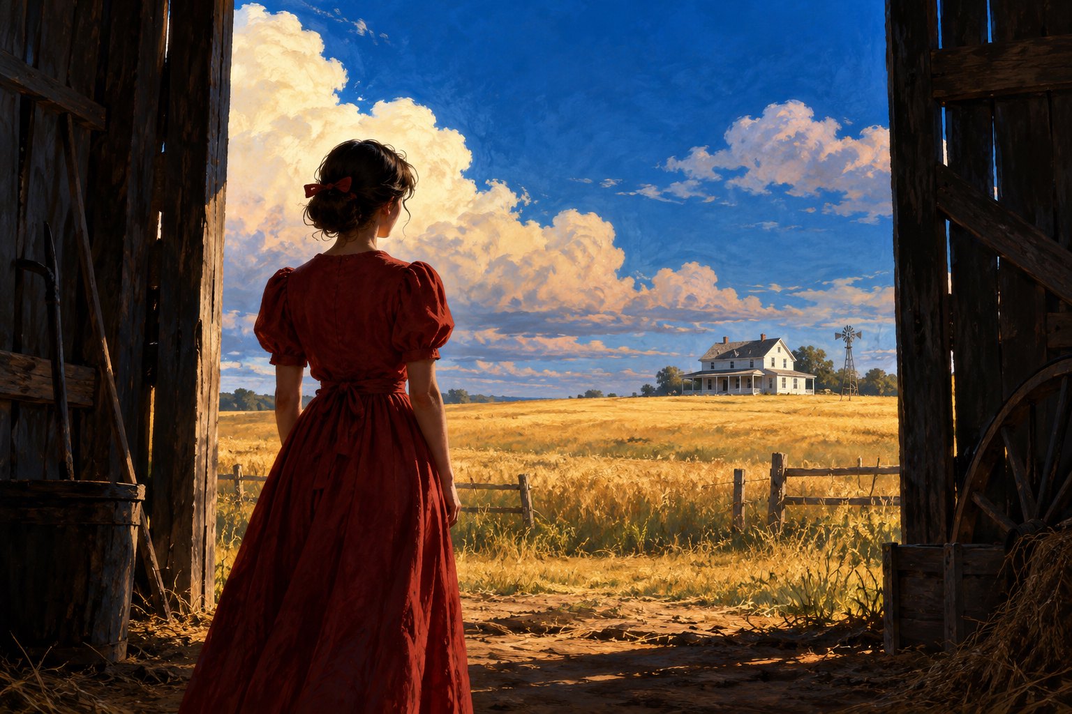 Original illustration of a woman in a red dress looking from a shadowed barn toward a farmhouse across a golden field.