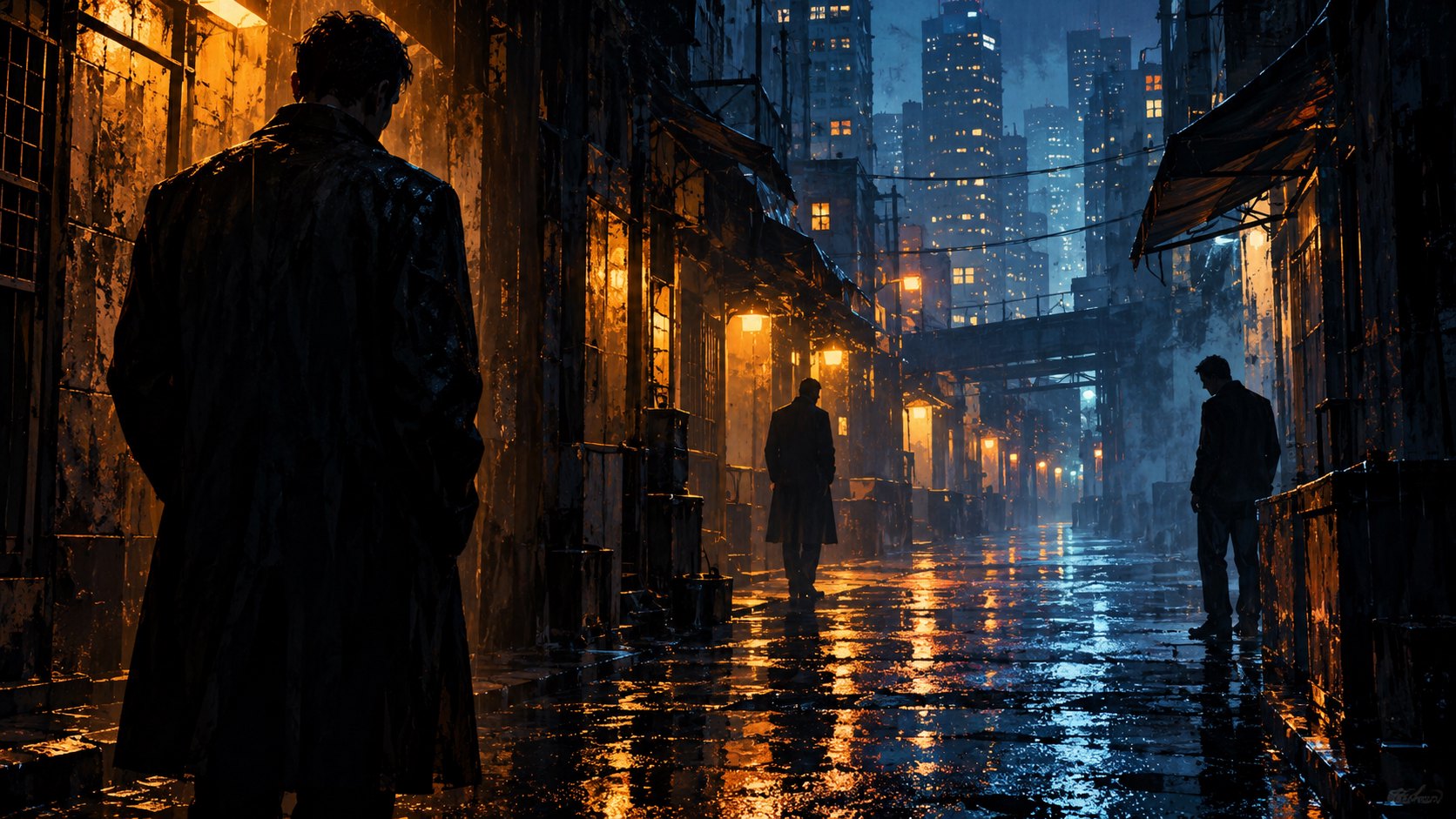 雨夜巷弄中的匿名人物剪影與冷暖光影，呈現黑幫題材的緊張氣氛，非電影劇照