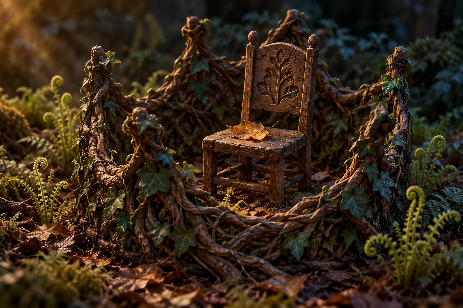 Original symbolic illustration of an empty wooden chair surrounded by tangled ivy roots, with an amber leaf on its seat.