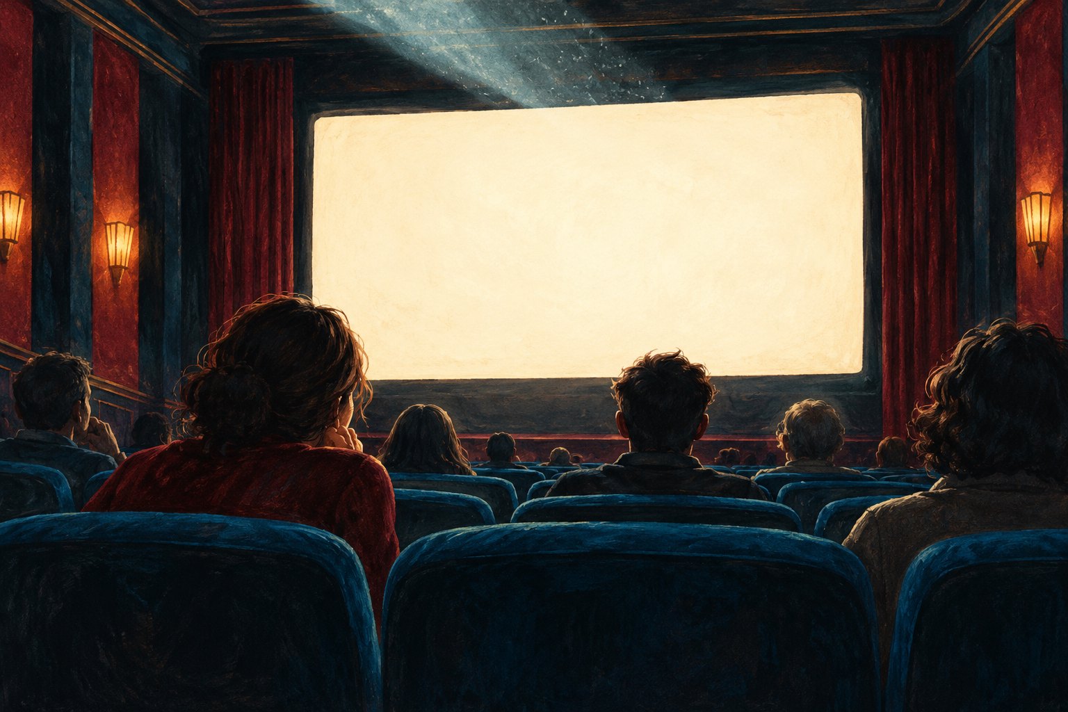 Conceptual illustration of moviegoers seated in a dark theater facing a softly glowing blank screen.